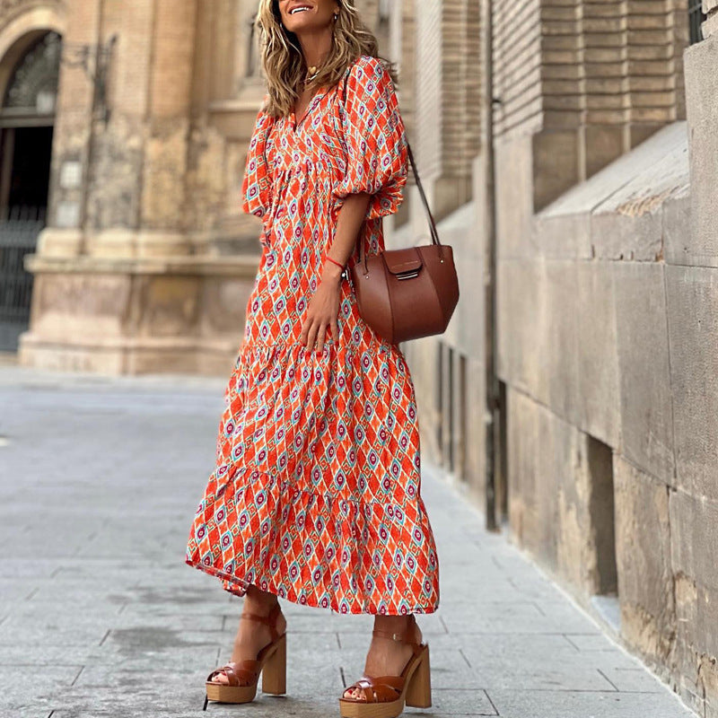 Vintage boho printed V-neck maxi dress