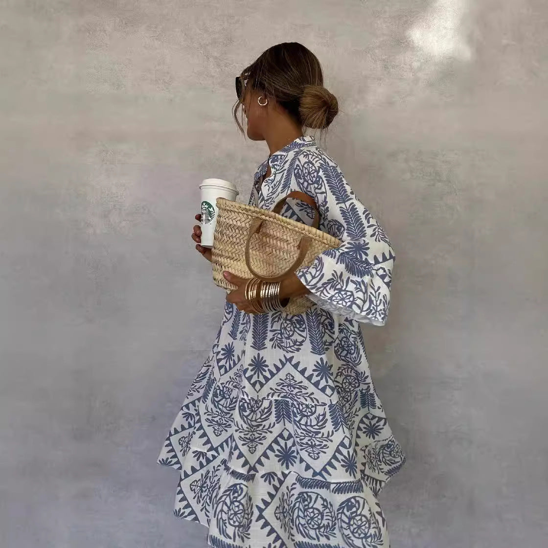 Autumn V-neck ruffle shirt dress