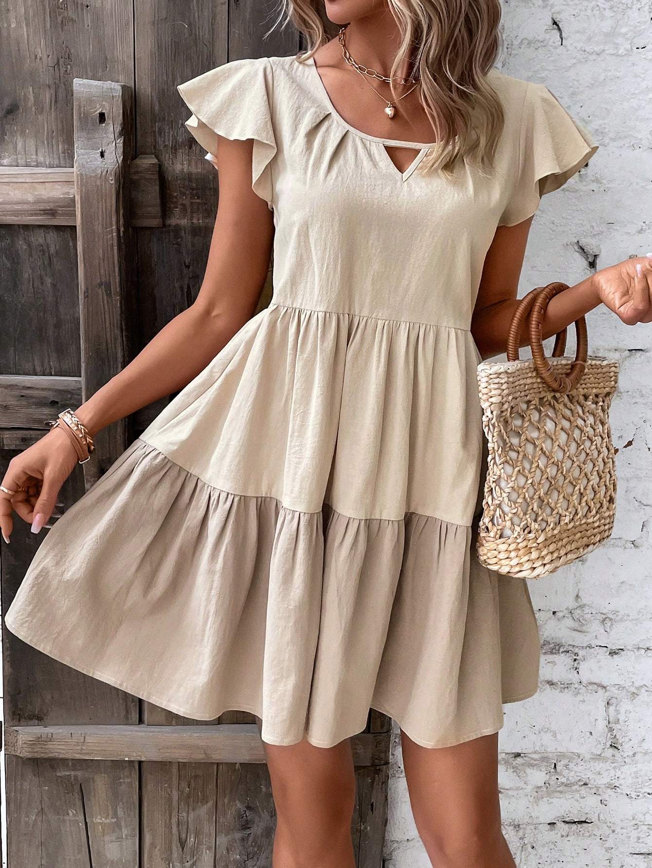 Colorblock keyhole smock dress with ruffle hem