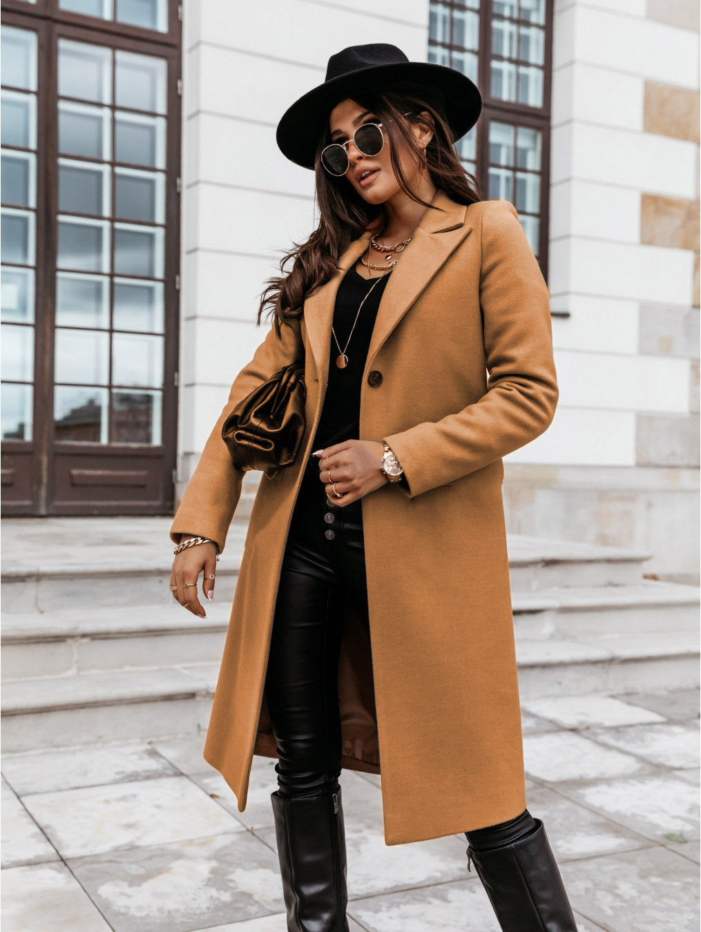 Solid wool long coat with lapel collar