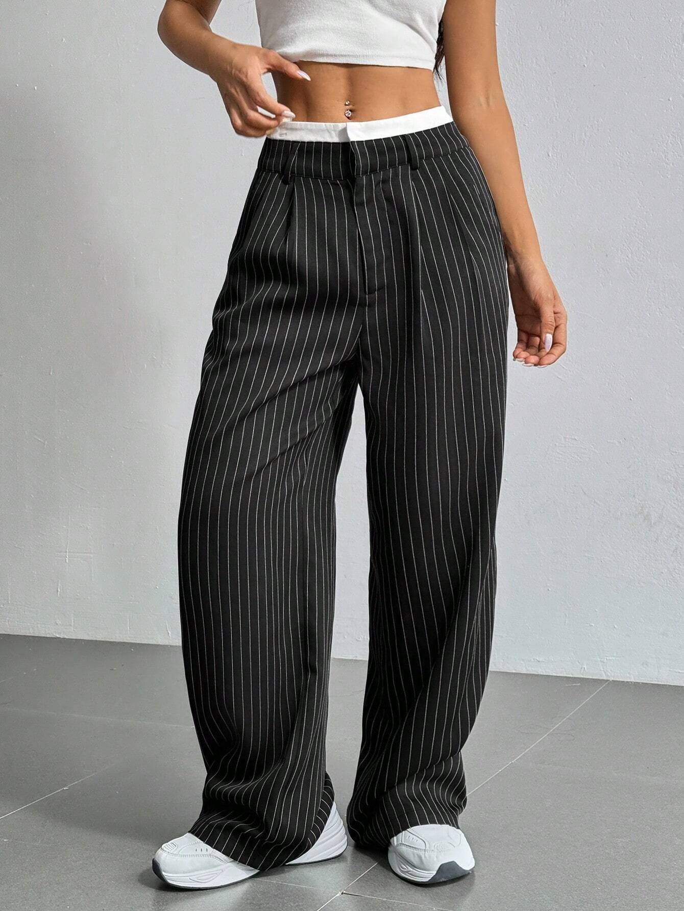 Striped high-waist straight trousers with pockets