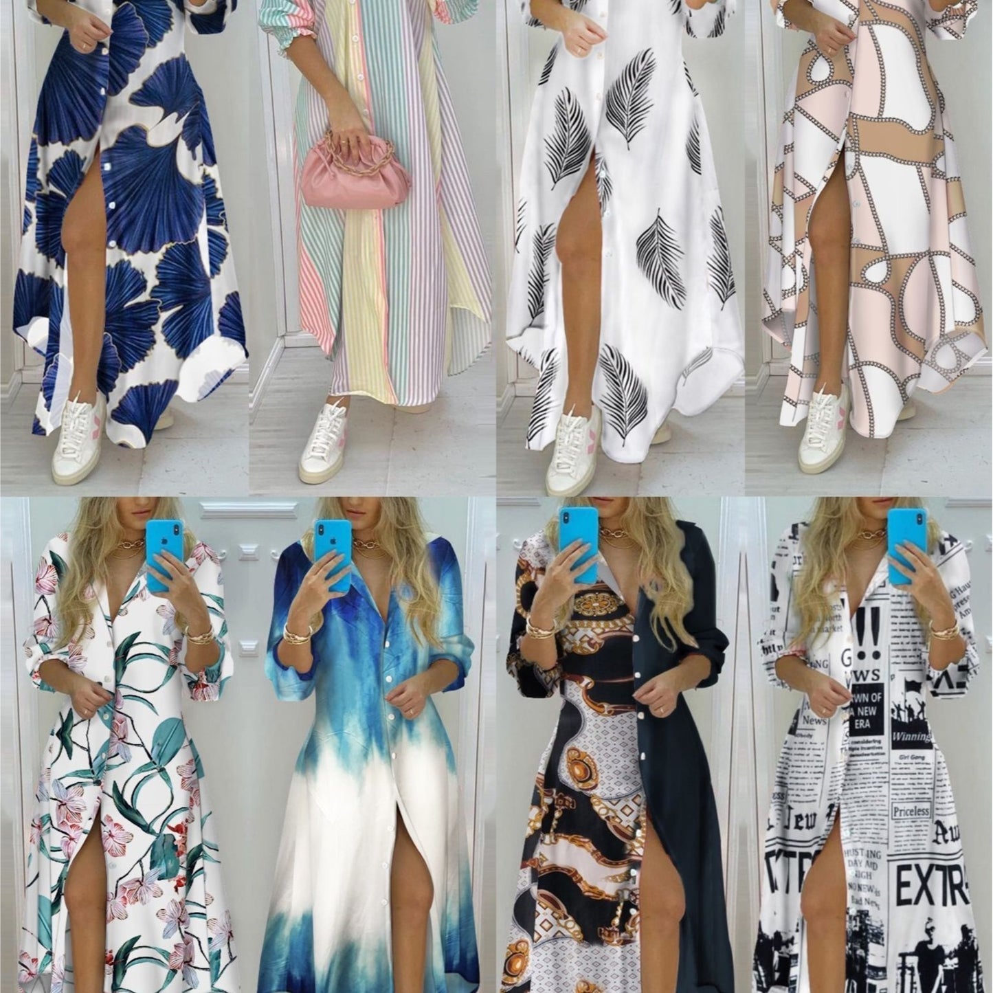 Button-down floral maxi dress with high slit