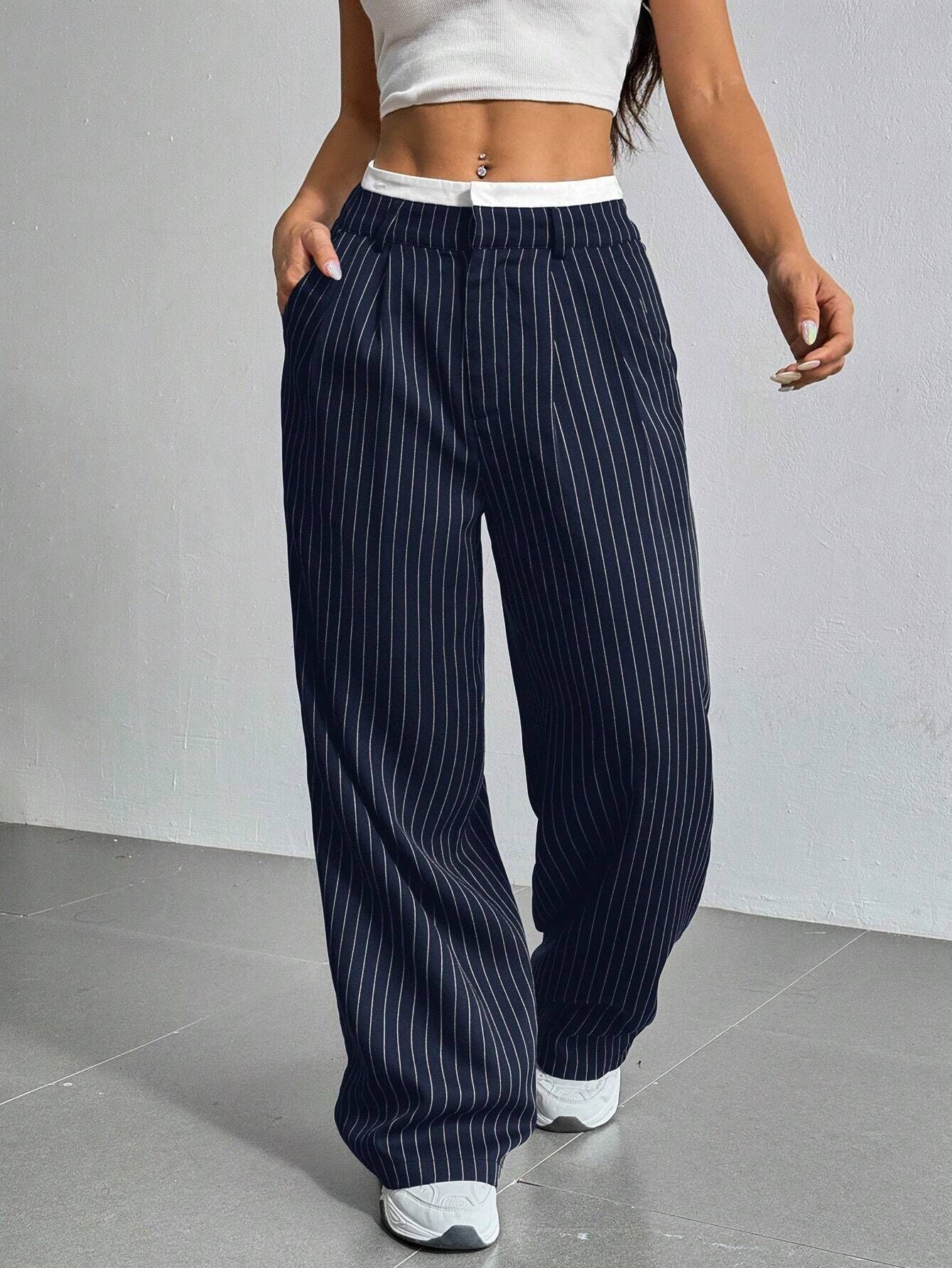 Striped high-waist straight trousers with pockets
