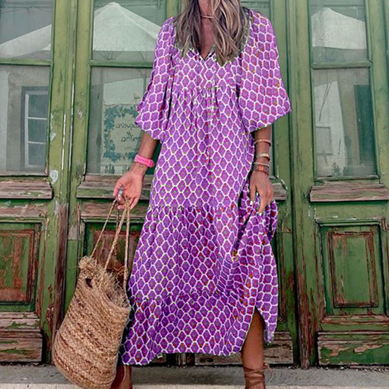 Vintage boho printed V-neck maxi dress