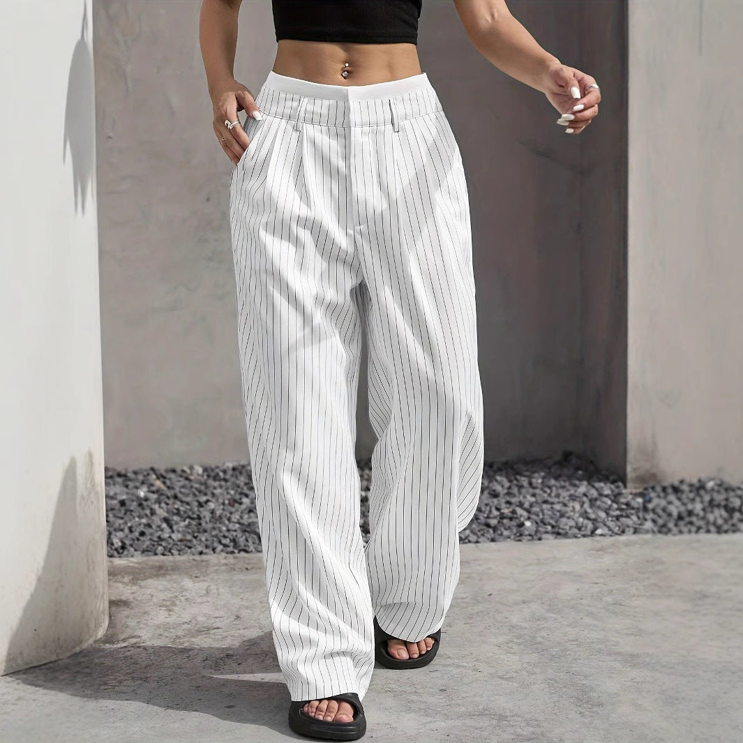 Striped high-waist straight trousers with pockets