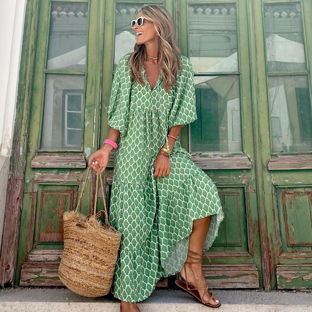 Vintage boho printed V-neck maxi dress
