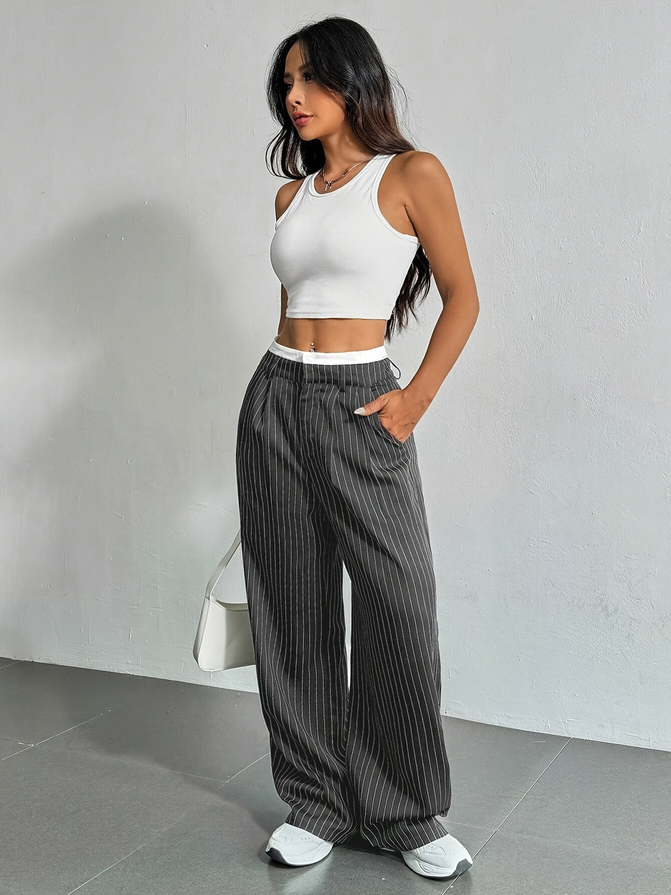 Striped high-waist straight trousers with pockets