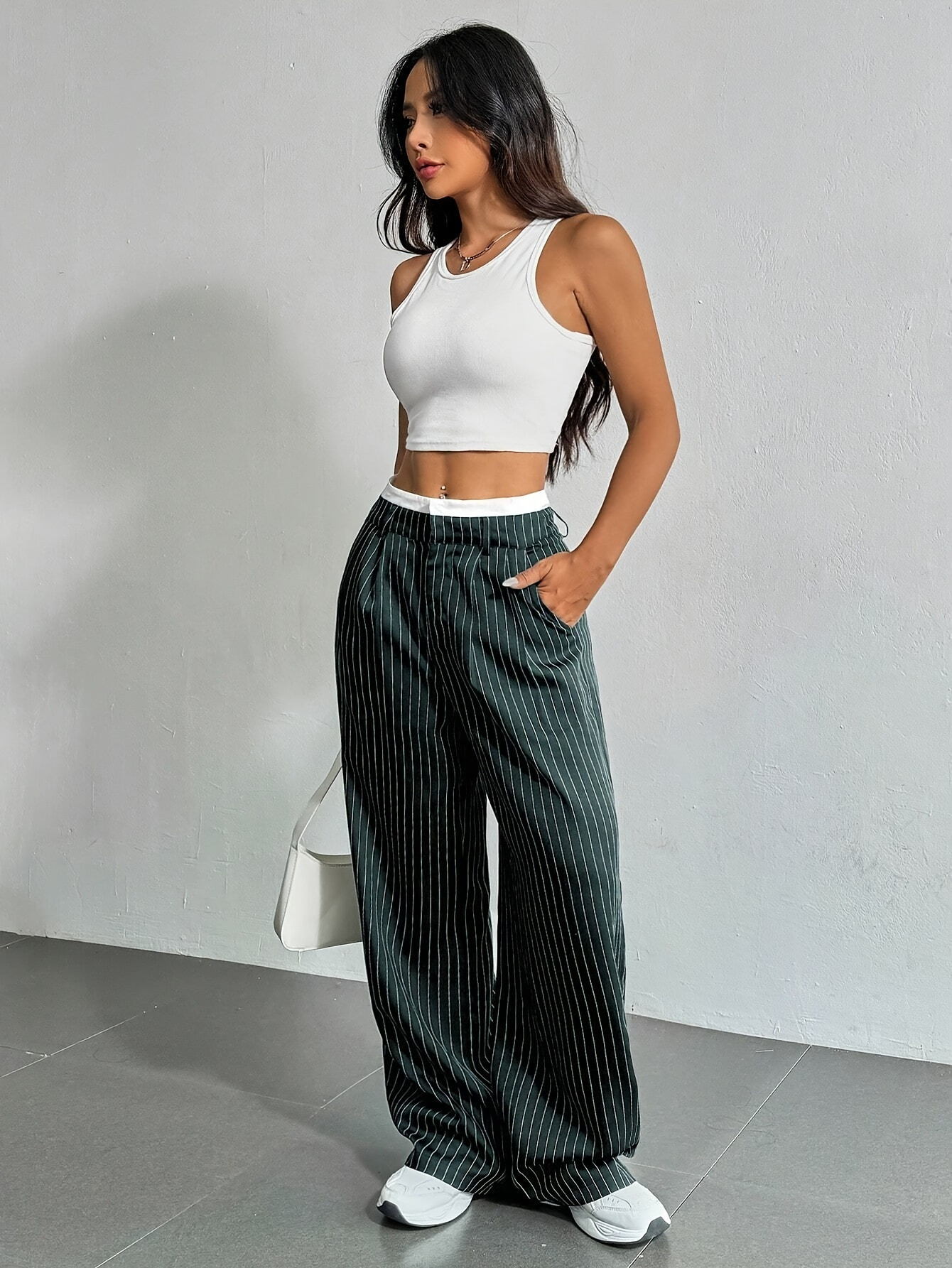 Striped high-waist straight trousers with pockets