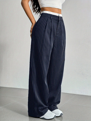 Striped high-waist straight trousers with pockets