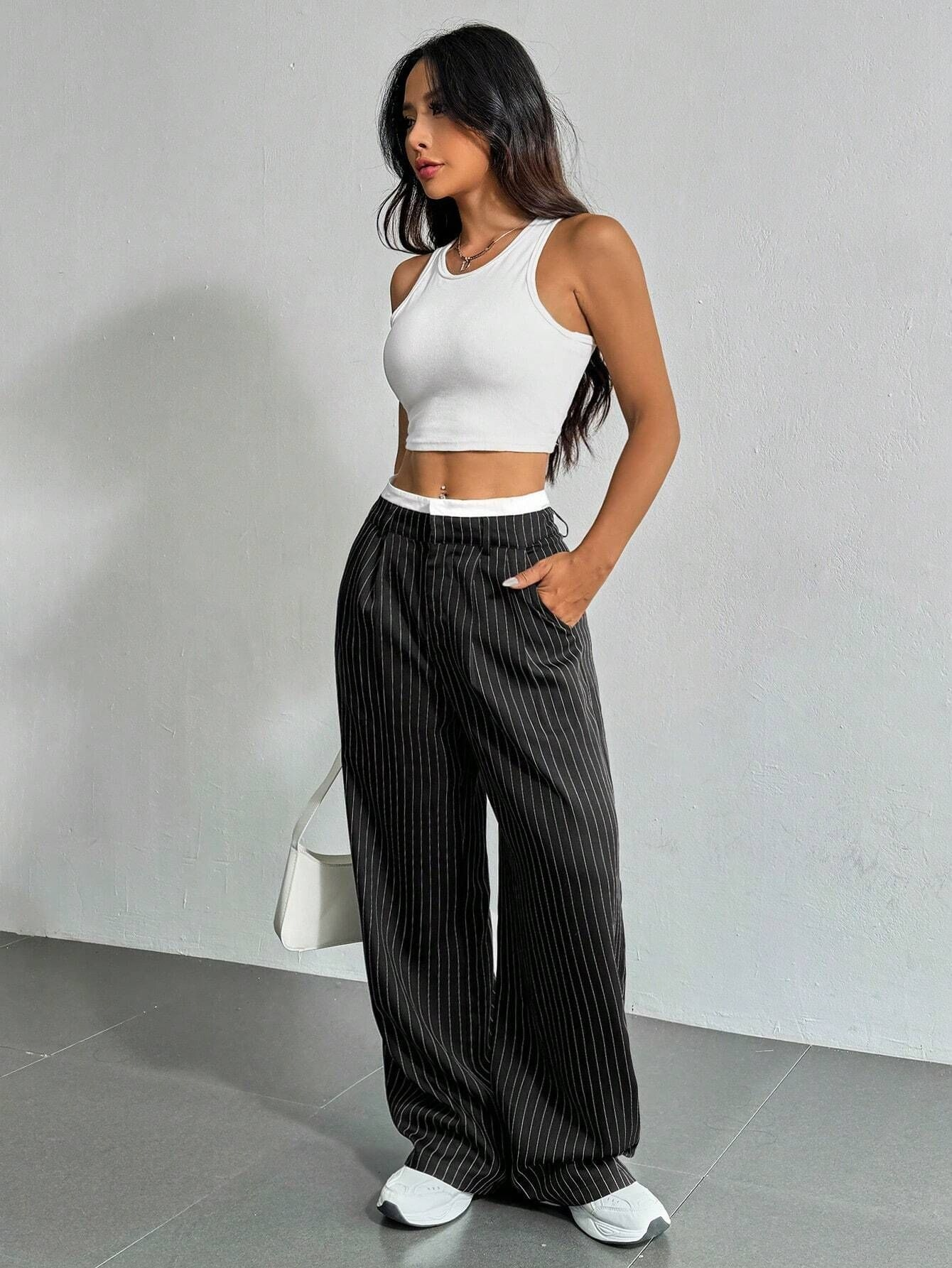 Striped high-waist straight trousers with pockets