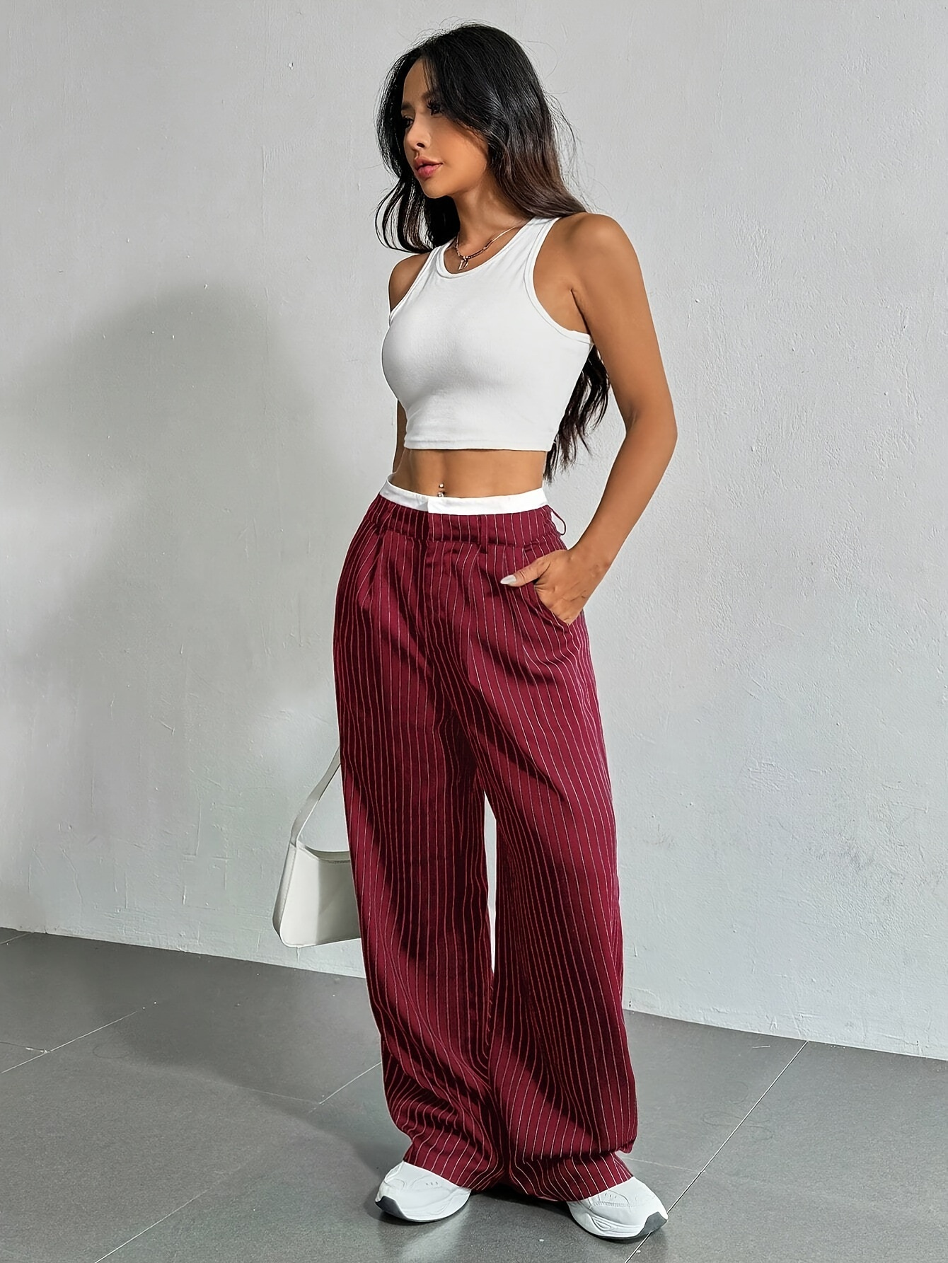 Striped high-waist straight trousers with pockets