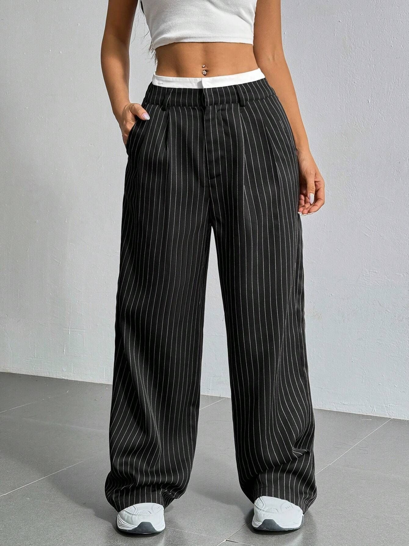 Striped high-waist straight trousers with pockets