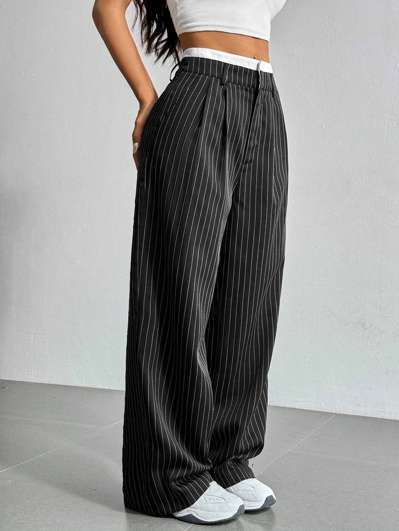 Striped high-waist straight trousers with pockets