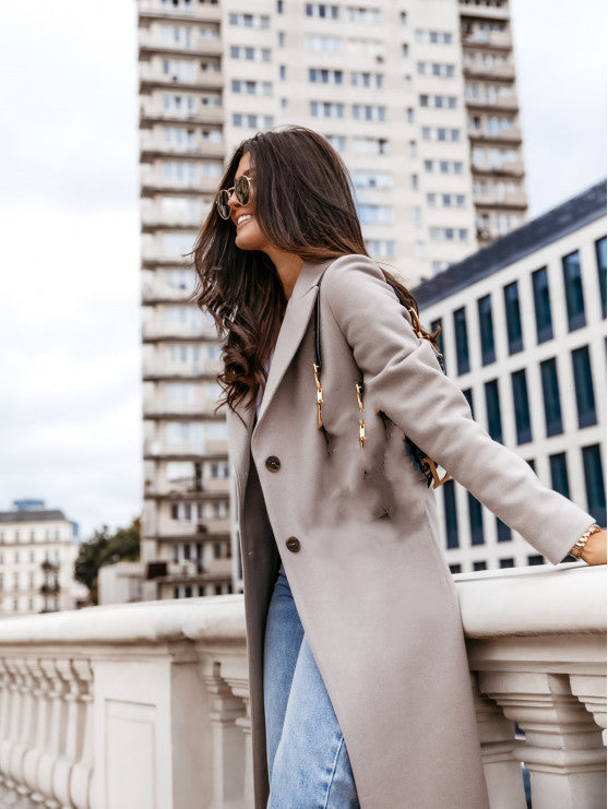Solid wool long coat with lapel collar