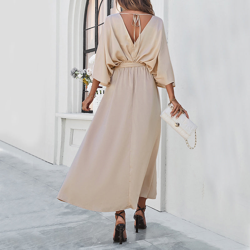 Batwing long-sleeve V-neck lace-up maxi dress