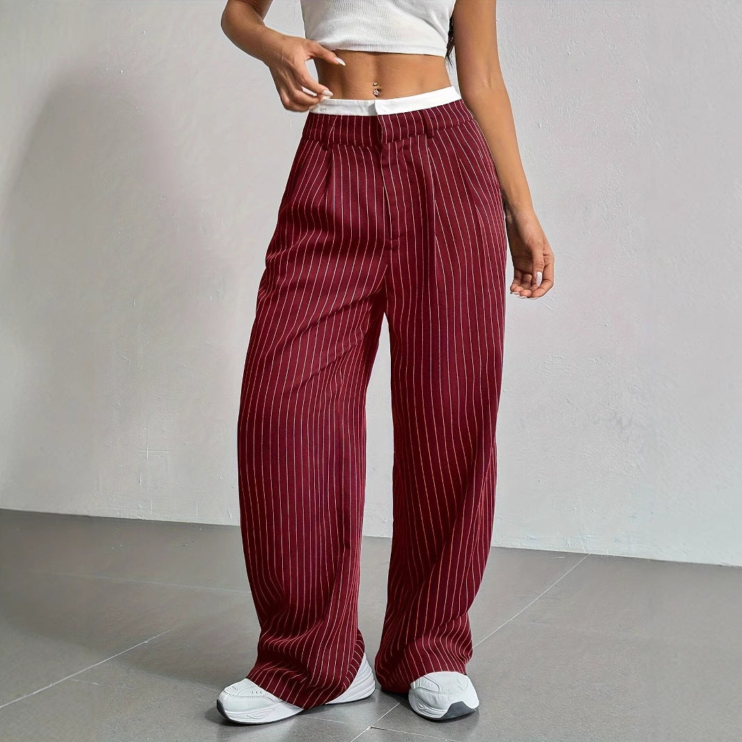 Striped high-waist straight trousers with pockets