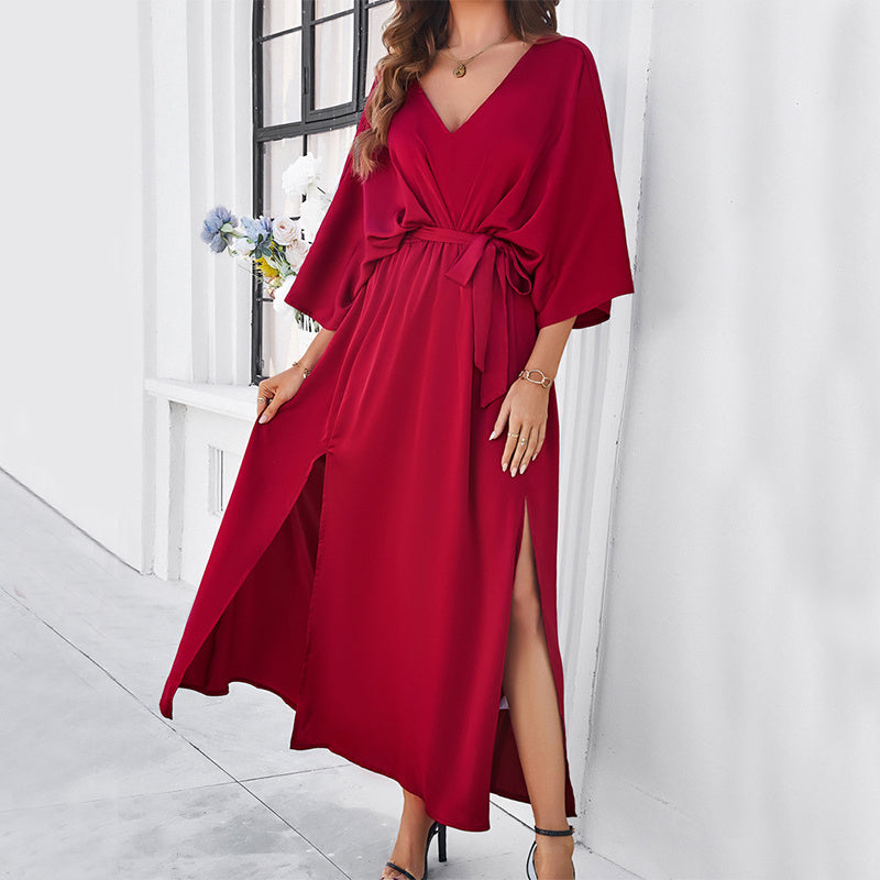 Batwing long-sleeve V-neck lace-up maxi dress