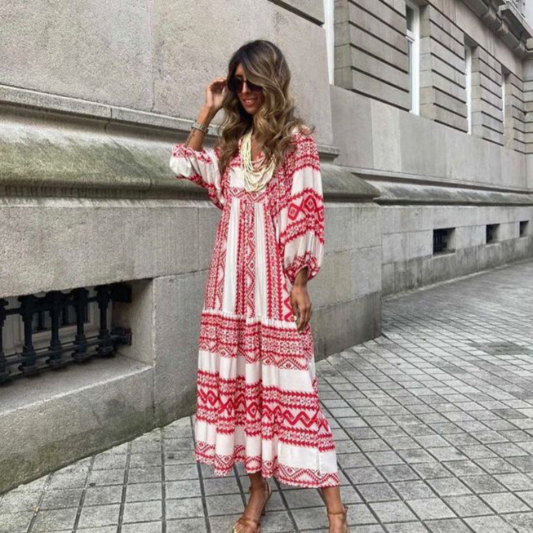 Vintage boho printed V-neck maxi dress