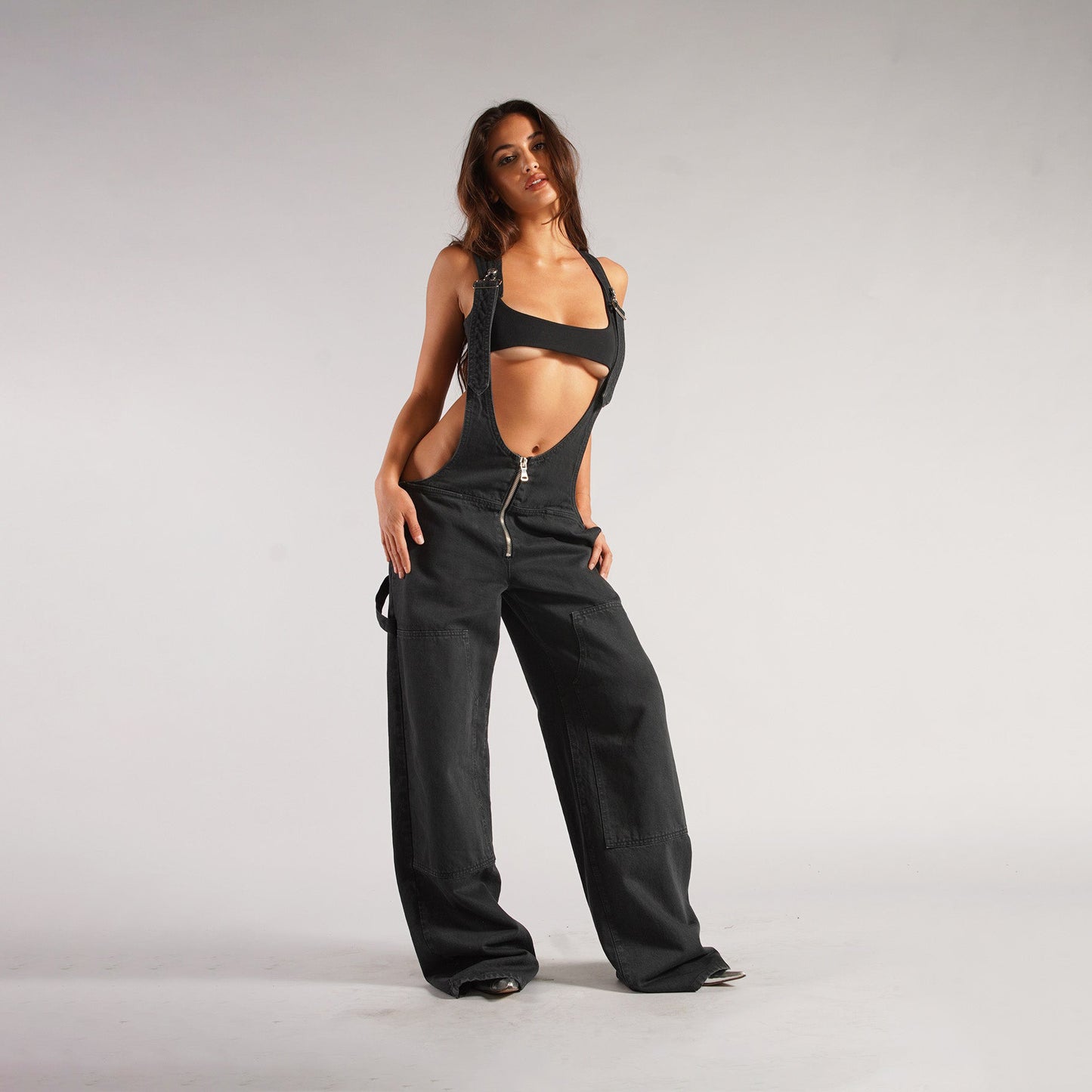 Y2K denim overalls with pockets