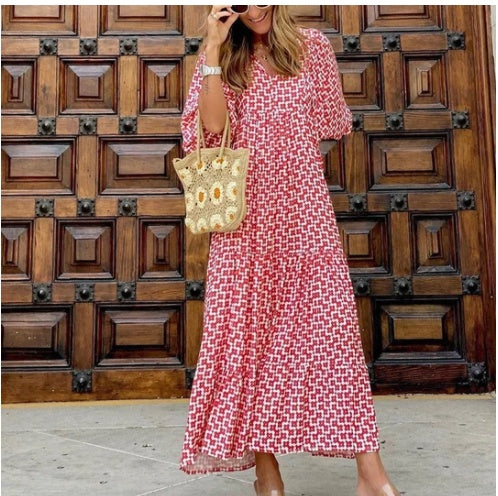 Vintage boho printed V-neck maxi dress