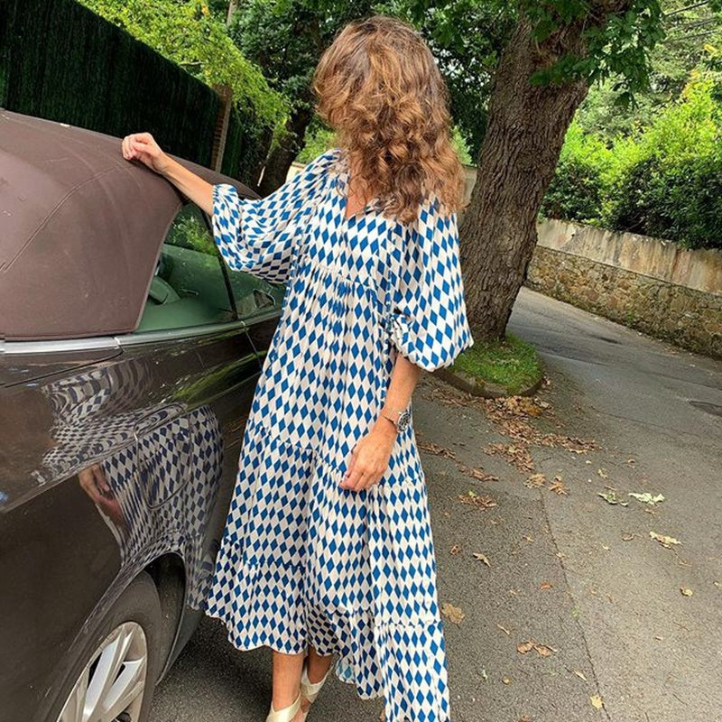 Vintage boho printed V-neck maxi dress