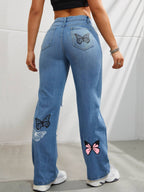 High-waist straight jeans with butterfly print