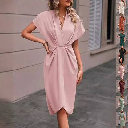 Summer batwing V-neck pleated dress