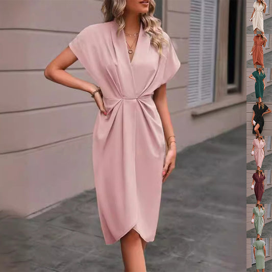 Summer batwing V-neck pleated dress