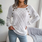 Square Neck Knitted Sweater with Buttons