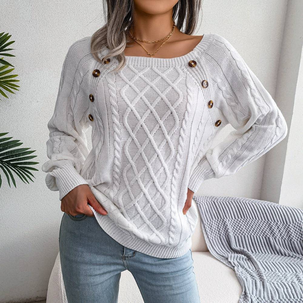 Square Neck Knitted Sweater with Buttons