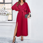 Batwing long-sleeve V-neck lace-up maxi dress