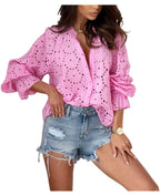 Cutout lantern-sleeve cotton blouse
