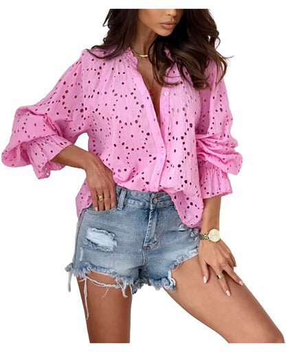 Cutout lantern-sleeve cotton blouse