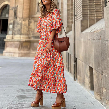 Vintage boho printed V-neck maxi dress