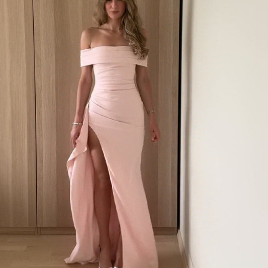 Side-slit tailored off-shoulder maxi dress