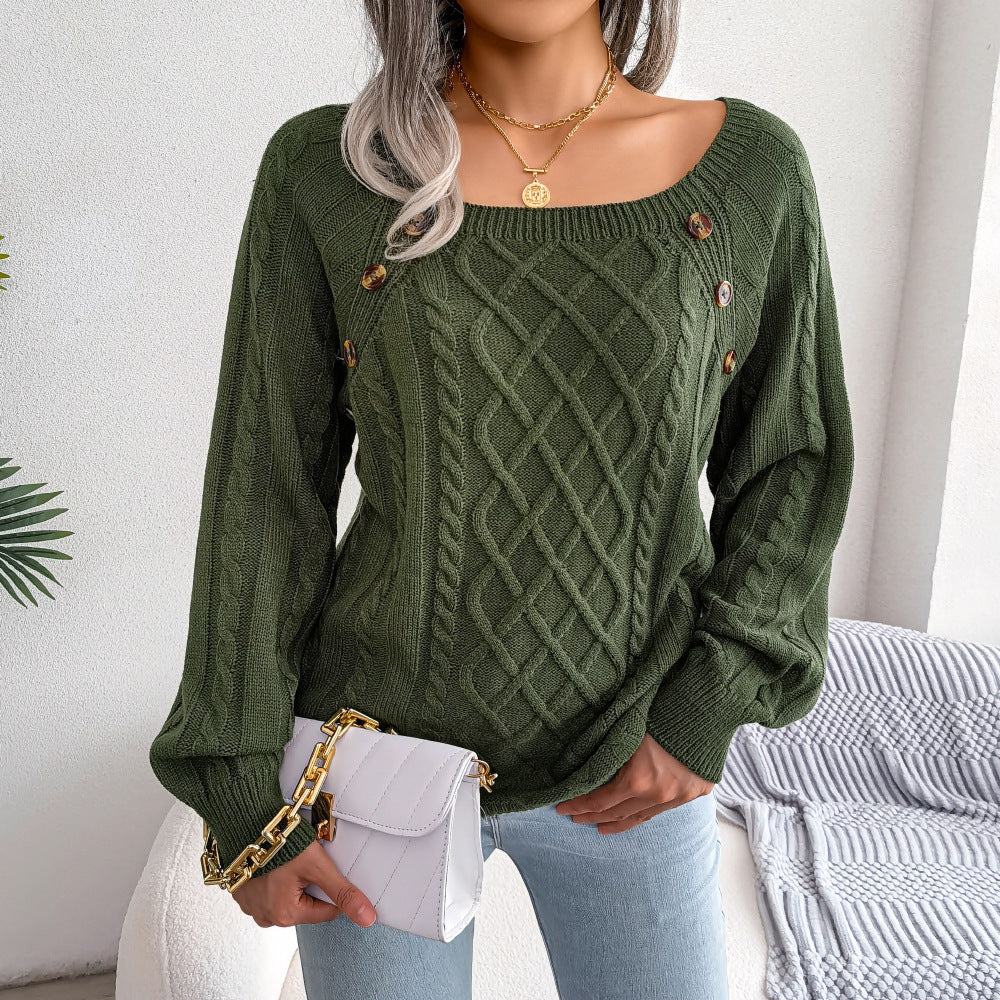 Square Neck Knitted Sweater with Buttons