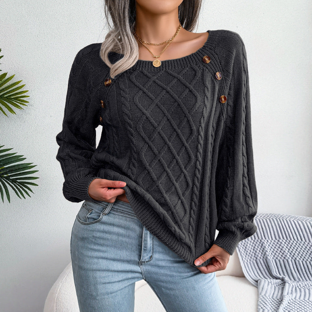Square Neck Knitted Sweater with Buttons