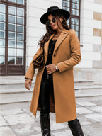 Solid wool long coat with lapel collar