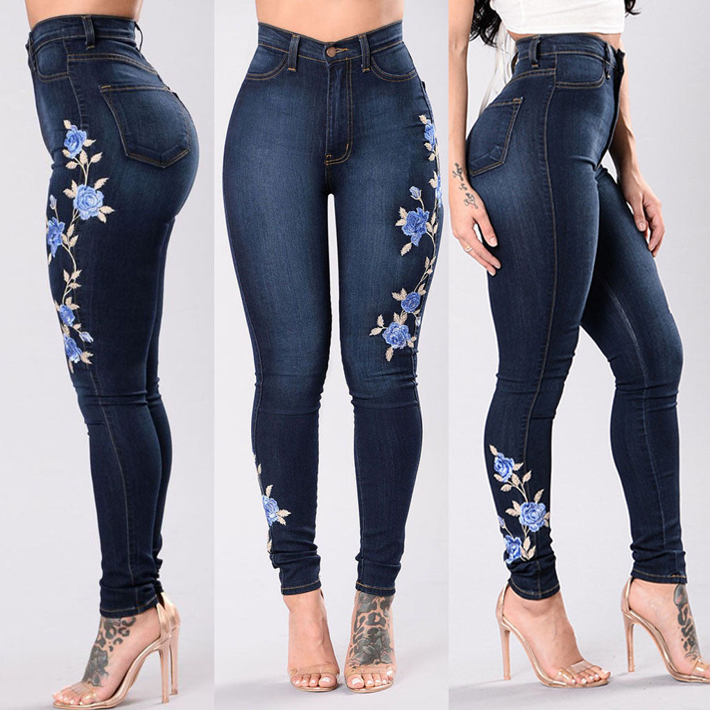 Floral embroidered high-rise jeans