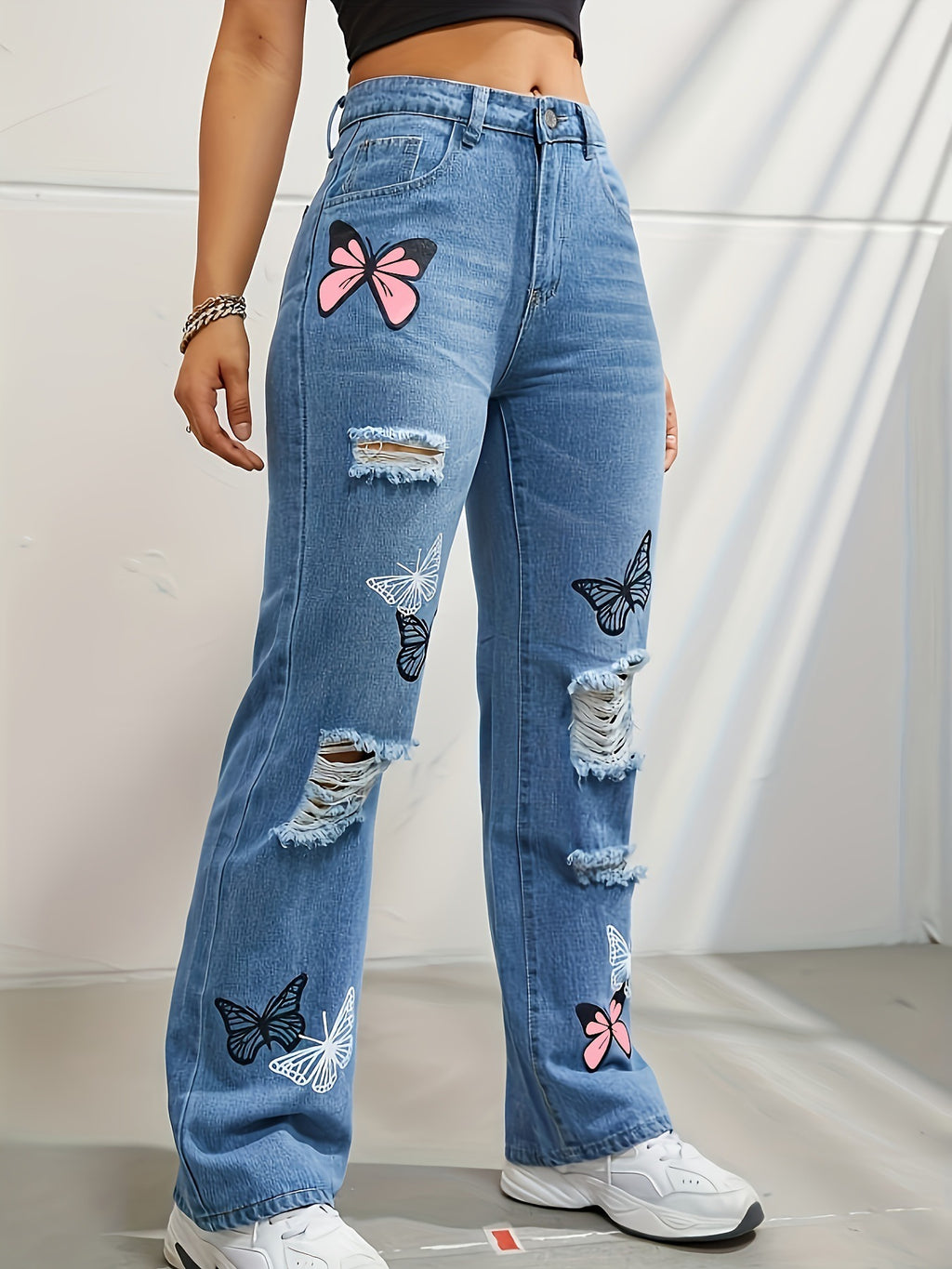 High-waist straight jeans with butterfly print