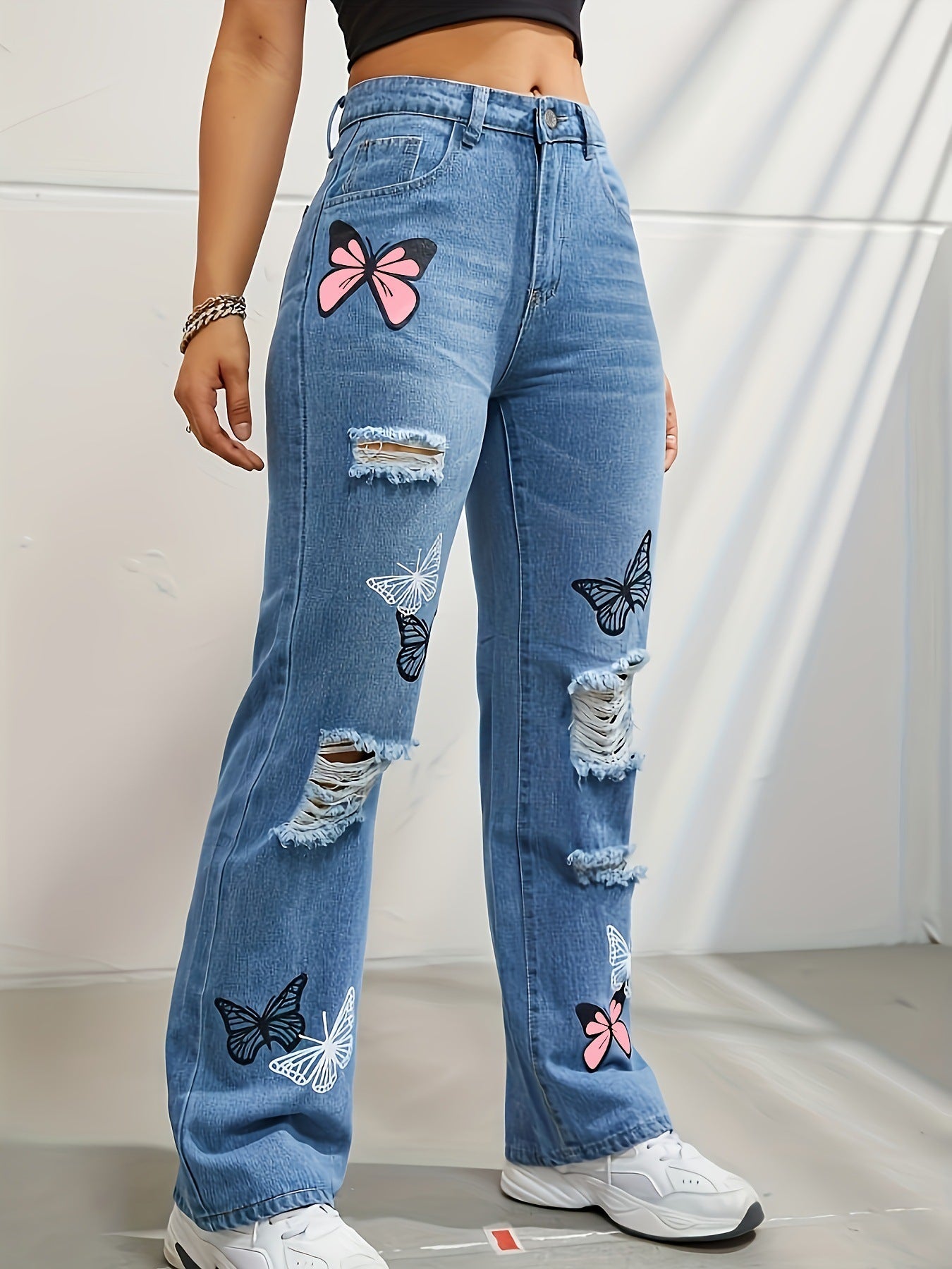 High-waist straight jeans with butterfly print