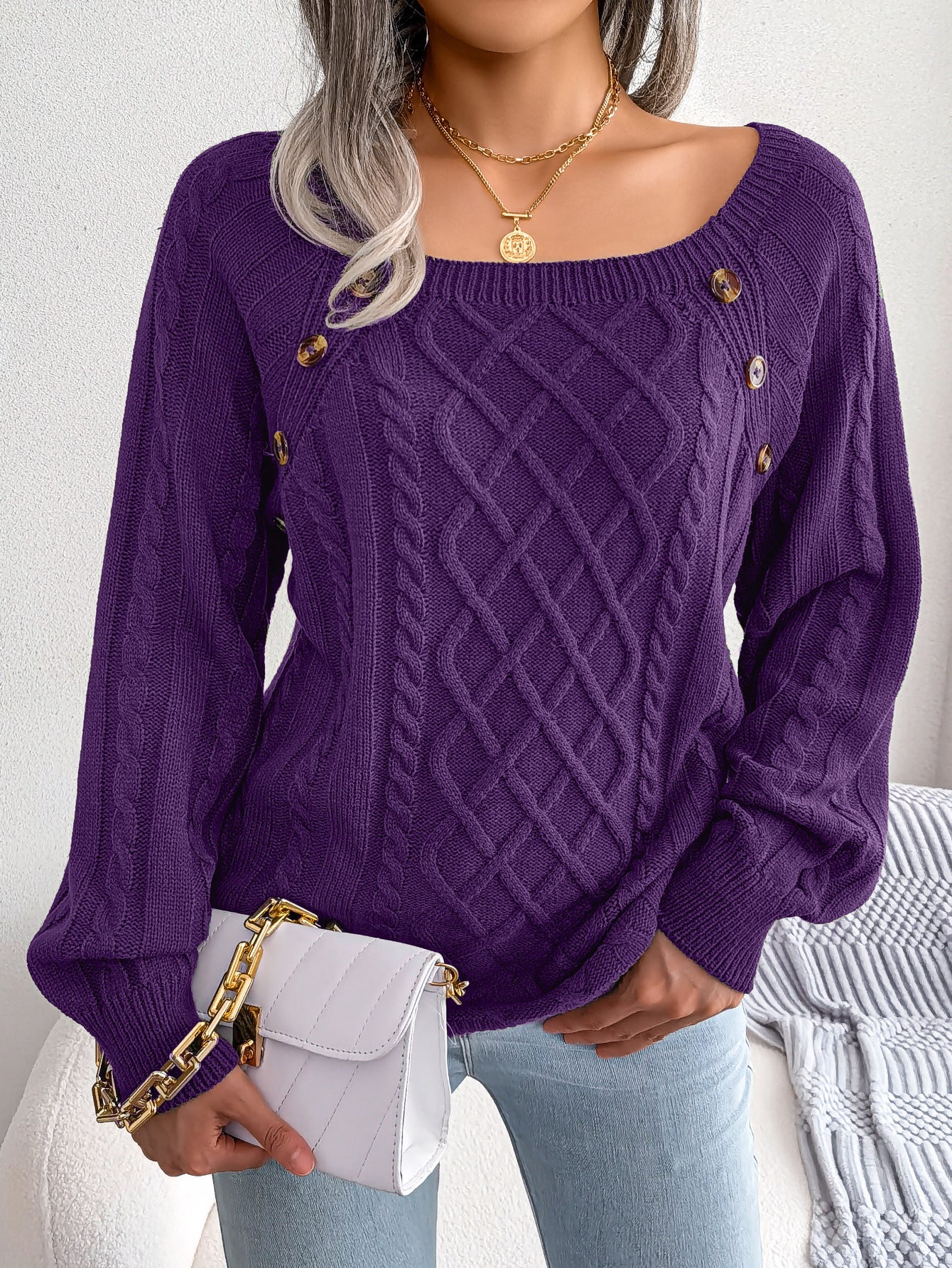 Square Neck Knitted Sweater with Buttons
