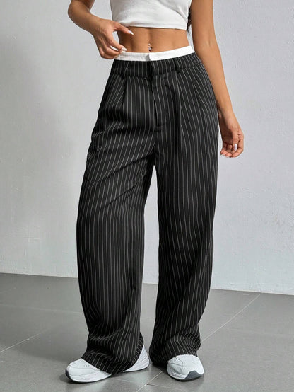 Striped high-waist straight trousers with pockets