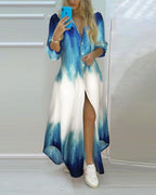 Button-down floral maxi dress with high slit