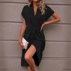Summer batwing V-neck pleated dress
