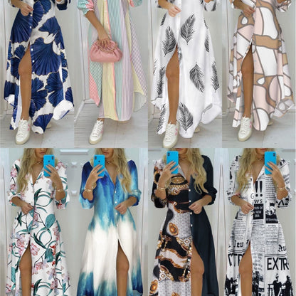 Button-down floral maxi dress with high slit