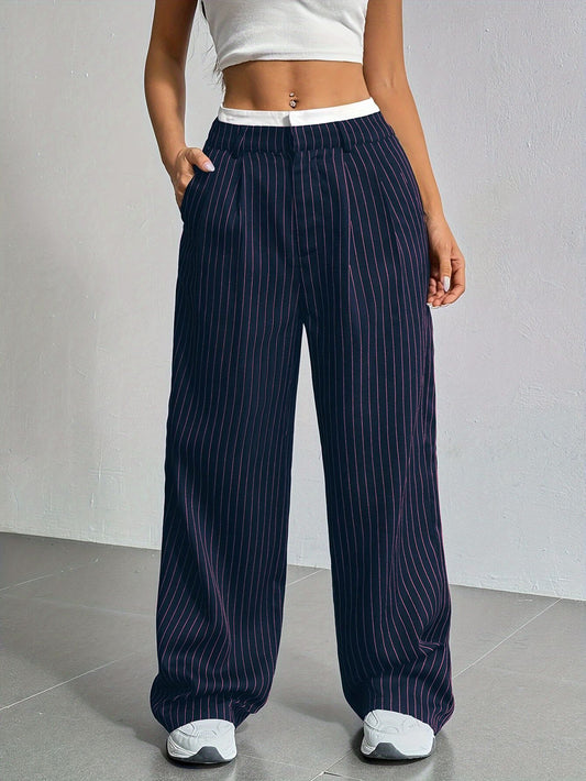 Striped high-waist straight trousers with pockets