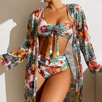 Floral Tie-Front Bikini Set, 3 Pieces