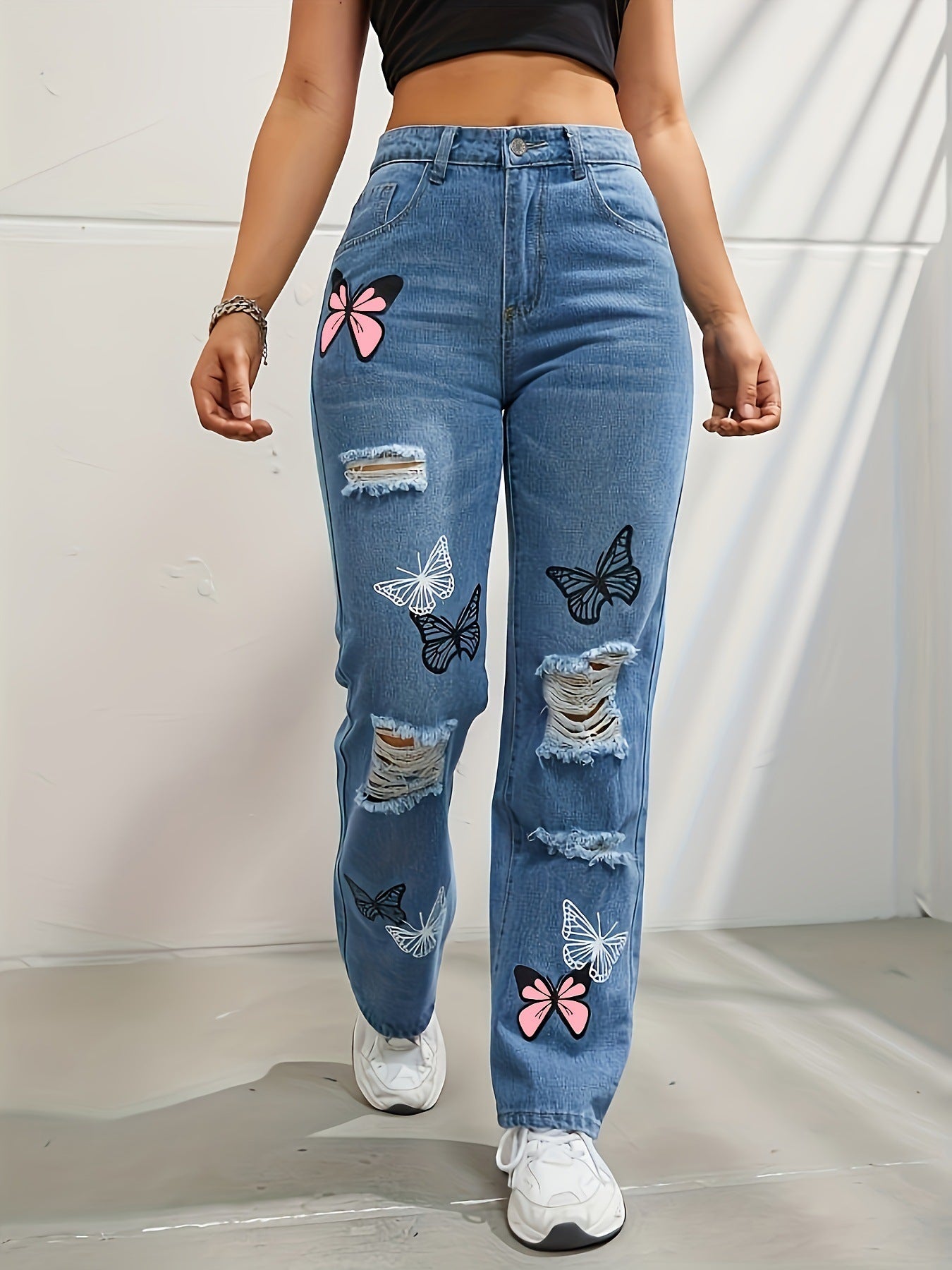 High-waist straight jeans with butterfly print