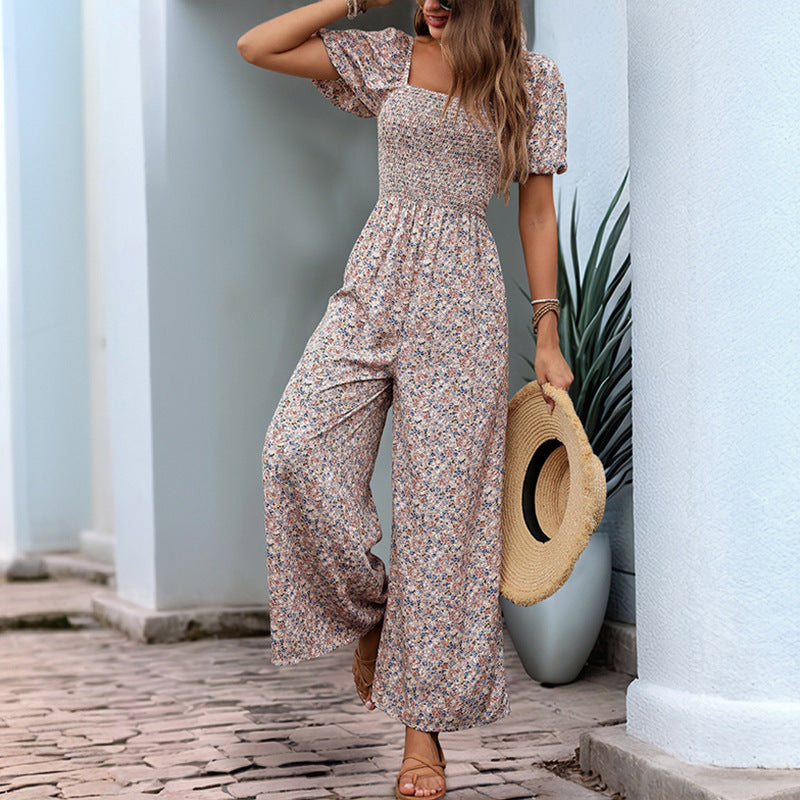Square-neck puff-sleeve floral jumpsuit